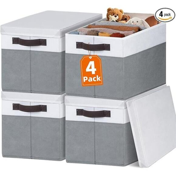 Storage Bins with Lids Set of 4 Stackable Closet Organizers for Clothes Toys - Picture 7 of 7